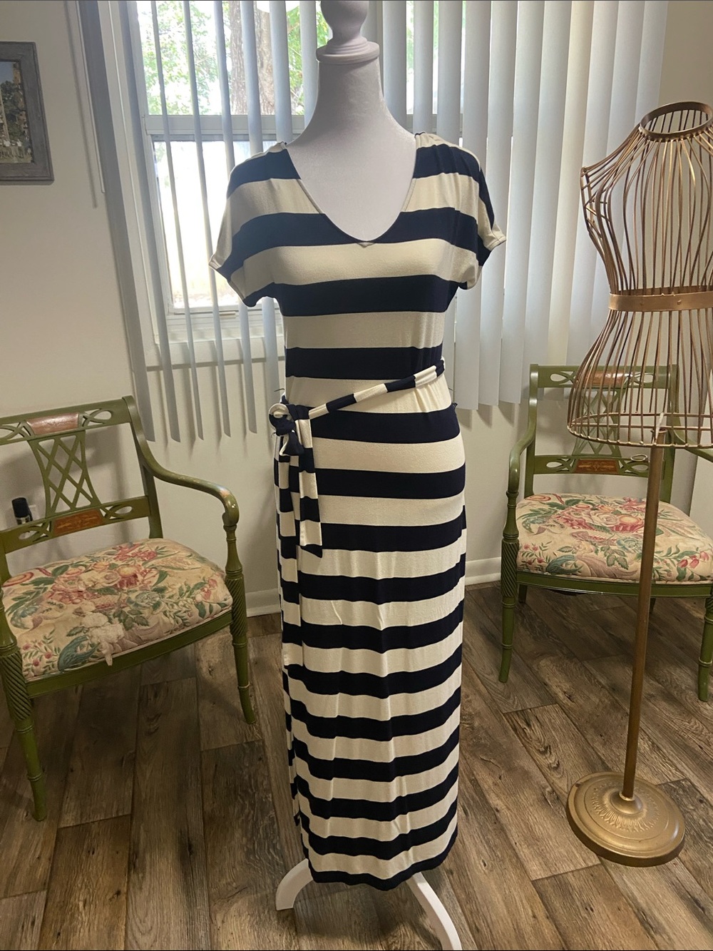 Banana Republic Navy and Cream Striped V-Neck Maxi Dress